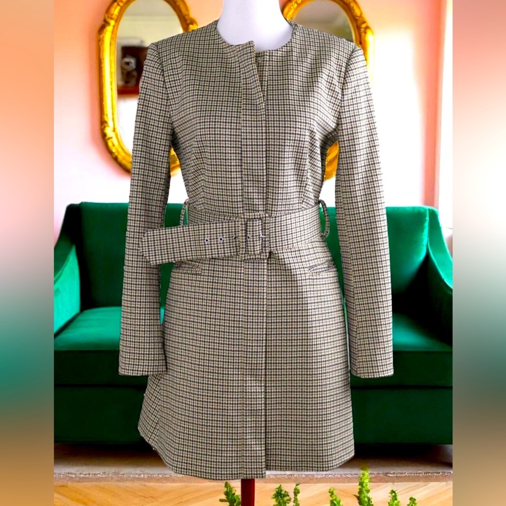 ZARA Structured Houndstooth Checkered Trench Coat Blazer Dress w Belt